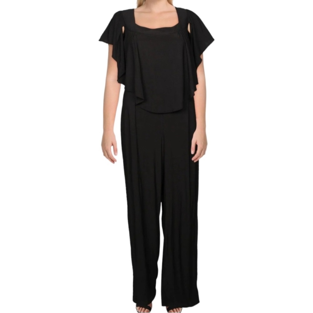 Emma & Michele Black Jumpsuit Stretch Knit with Sheer Layer Flutter‎ Sleeve S